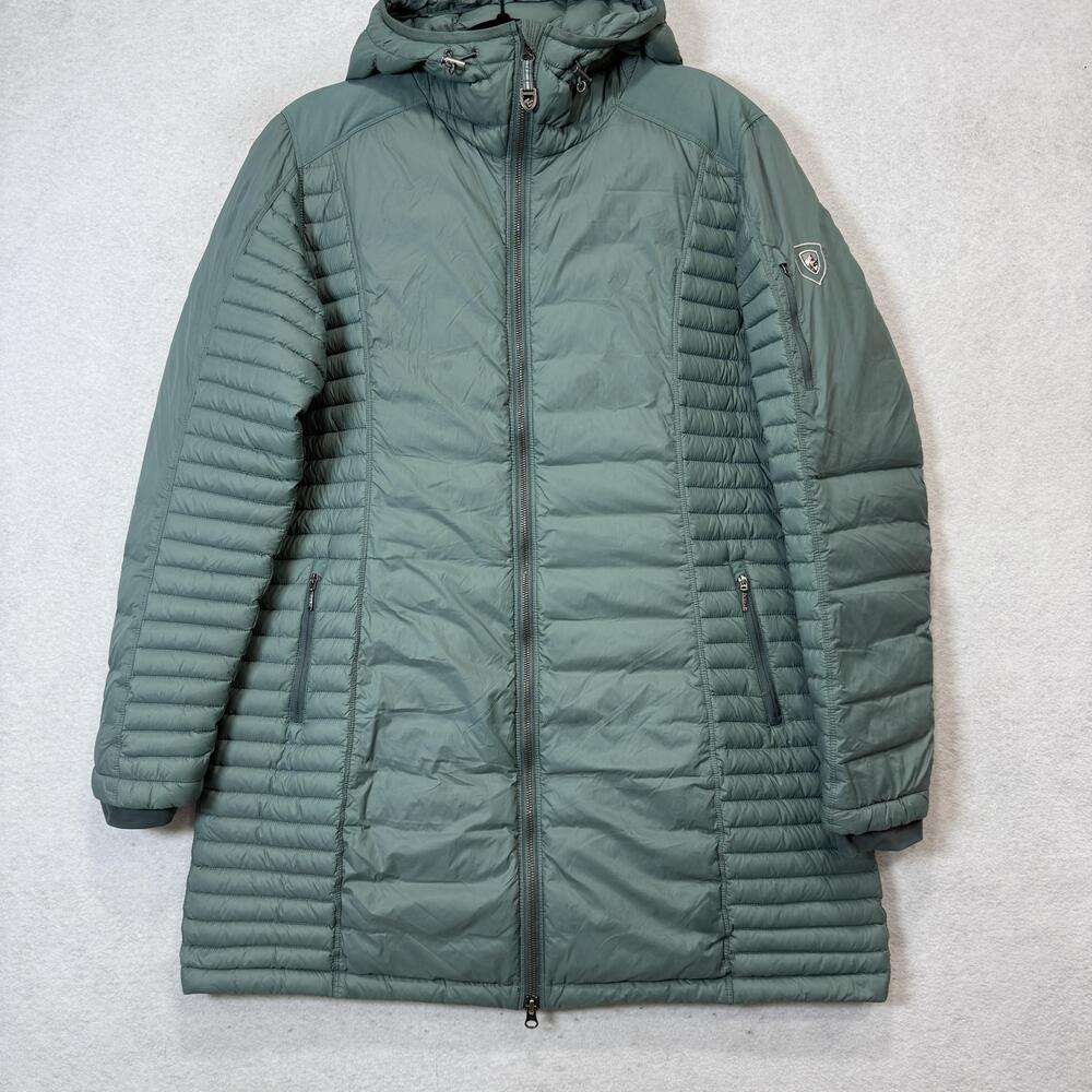 Kuhl Coat Womens XL Green Hooded Down Puffer Quilted Long Parka Lightweight